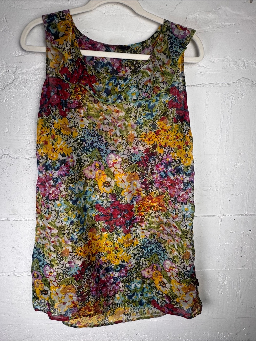 Chiffon Silky Floral Ruffle Bright Floral Sleeveless Camisole HTF blouse